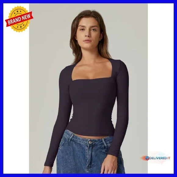 Women's Long Sleeve Square Neck Fitted Tee Buttery Soft Double Lined - Picture 4 of 6